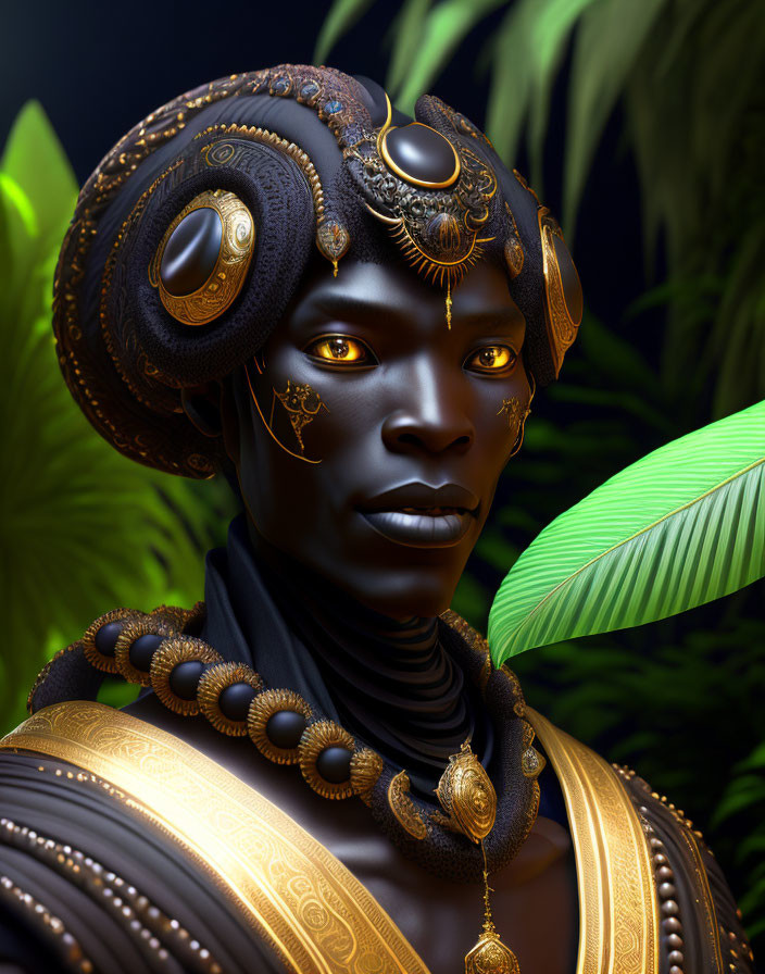 Portrait of person with dark skin, gold jewelry, and elaborate headdress in lush green setting