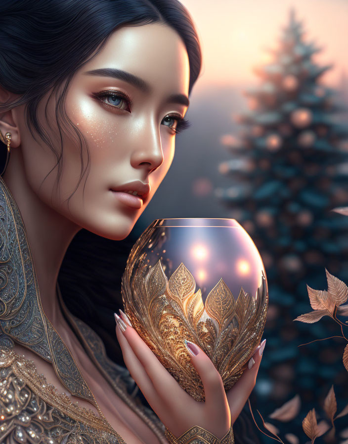 Illustrated woman holding golden ornament in twilight forest scene