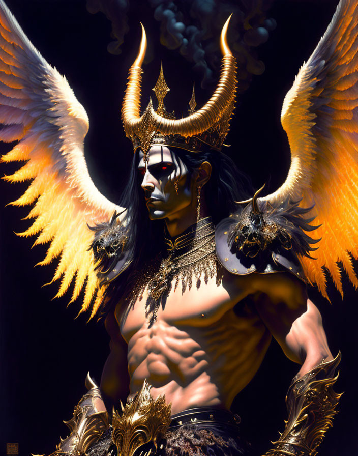 Fantasy character illustration with golden wings, horns, armor, and face paint