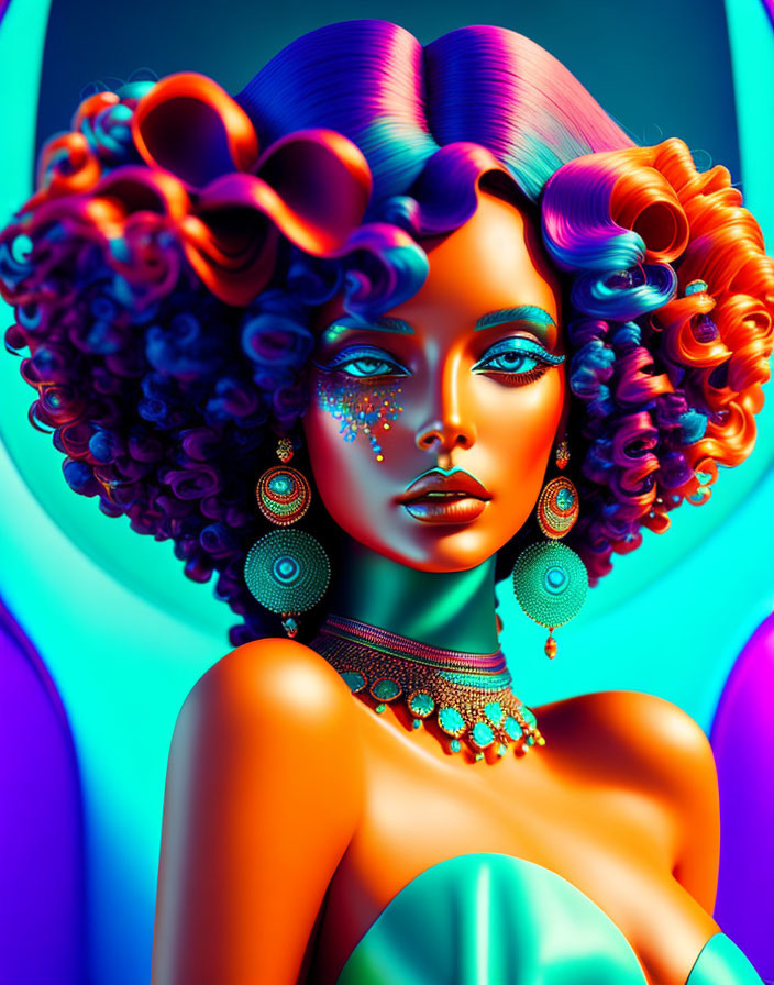 Vibrant digital artwork of woman with curly hair, bold makeup, and detailed jewelry on neon background