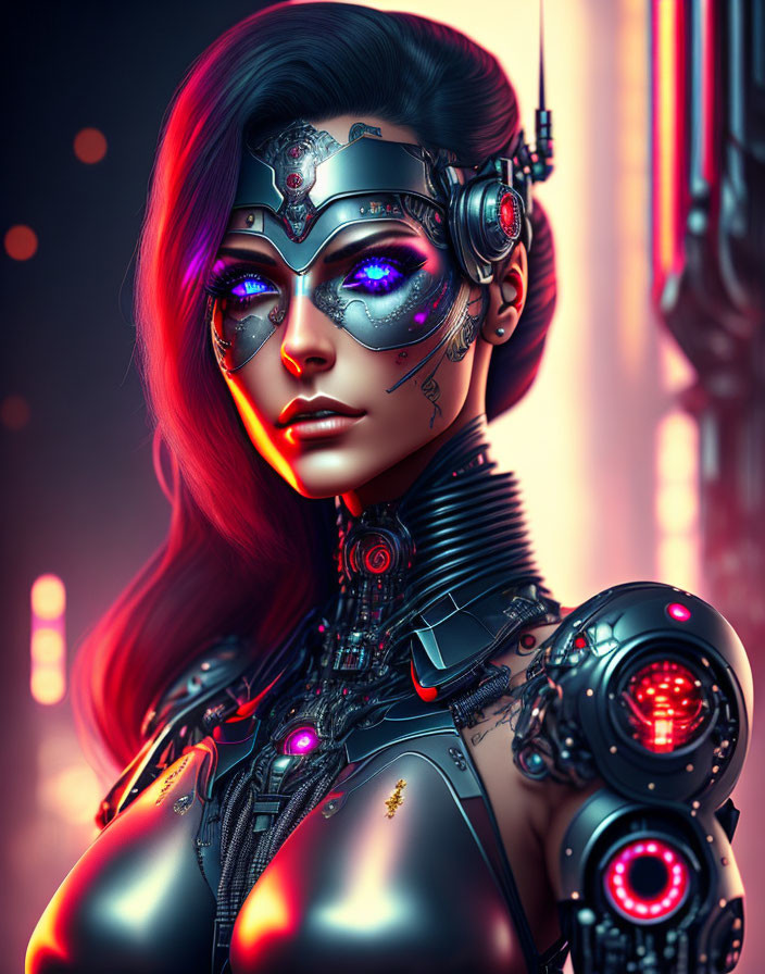 Futuristic Female Cyborg with Advanced Headgear and Metallic Body Armor