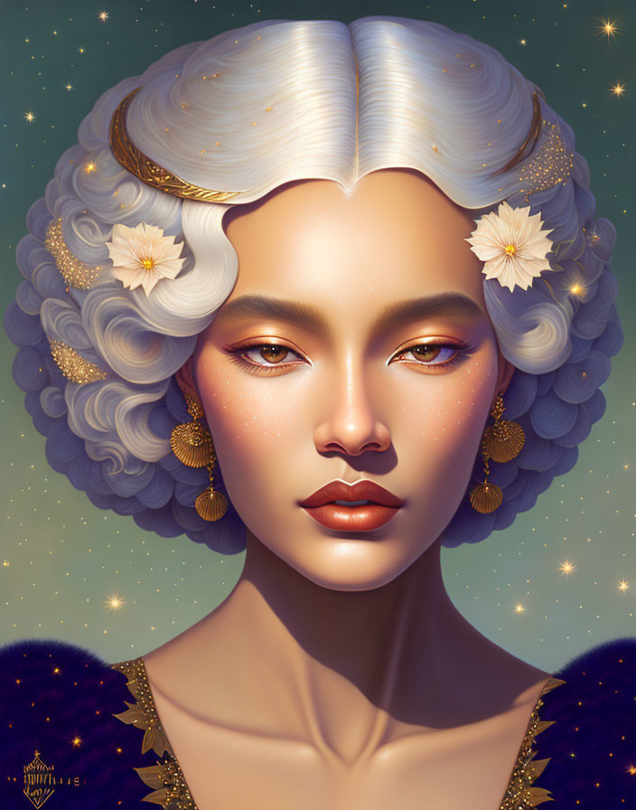 Illustrated portrait of woman with white curly hair and gold adornments on starry cosmic background