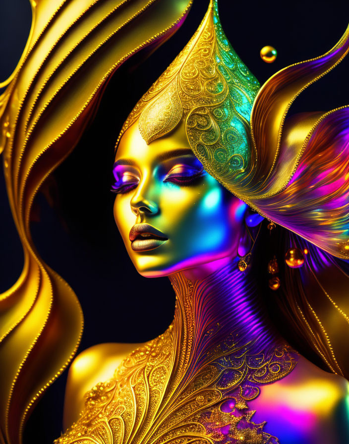 Colorful digital artwork of woman in gold with ornate headgear on dark background