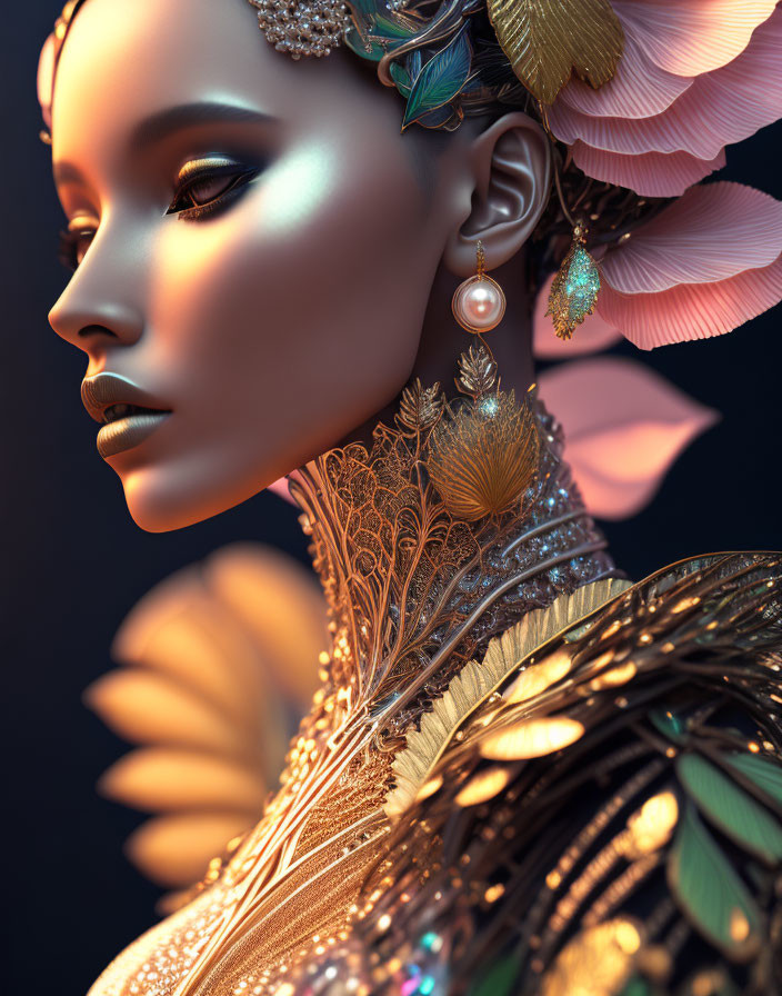 Digital artwork: Woman adorned with gold jewelry and feathers, featuring a blend of natural and ornate elements