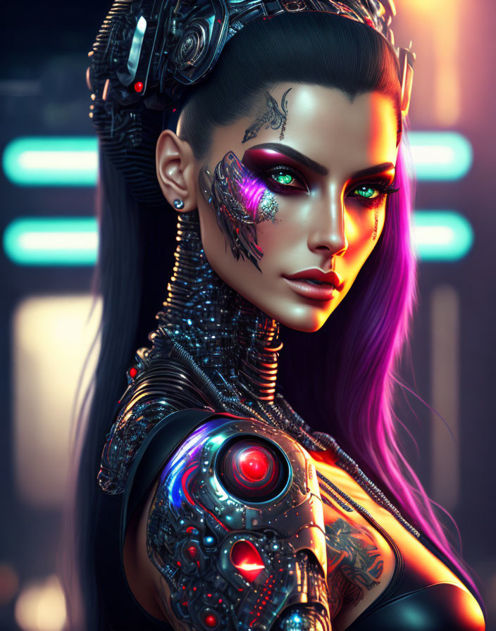 Female Cyborg with Purple Hair and Glowing Eyes in Futuristic Setting