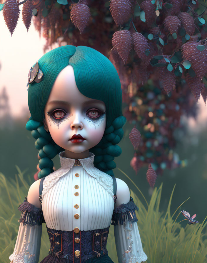 Gothic doll with turquoise hair and large eyes under tree with pink fruits and butterfly.