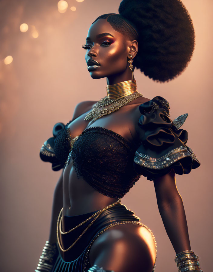 Elegant woman with striking makeup and elaborate hairstyle adorned with gold jewelry poses dramatically