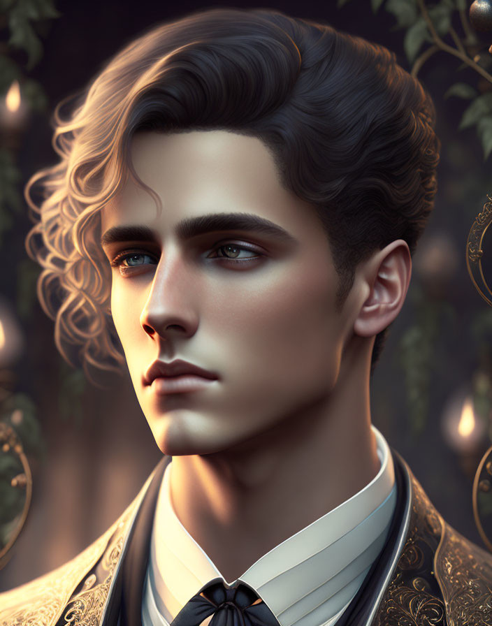 Detailed illustration of young man in Victorian-style outfit with wavy hair against shadowy foliage background