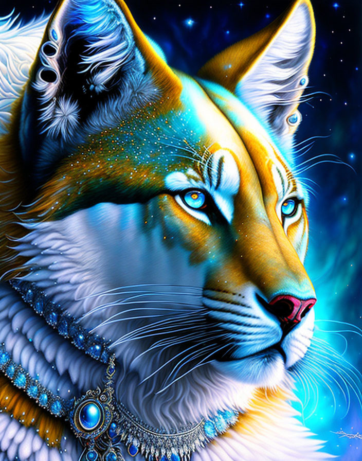 Colorful Wolf Digital Painting with Blue and Orange Tones