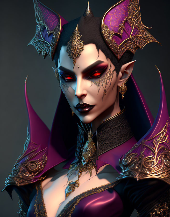 Detailed 3D illustration of female character with bat-like ears and wings, sharp features, regal