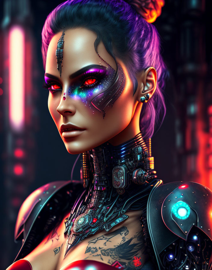 Futuristic female cyborg with purple hair and glowing eyes in neon-lit setting