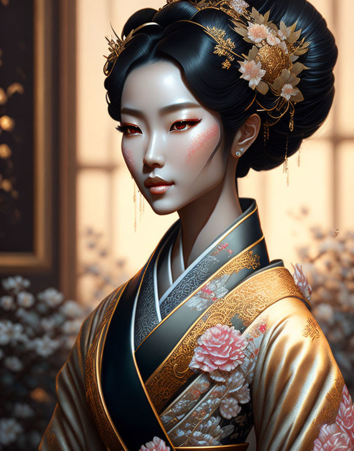 Traditional Asian Attire Woman Illustration with Gold and Floral Accents