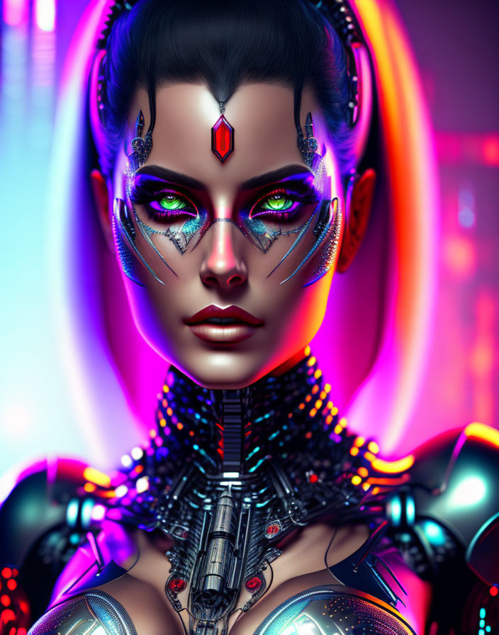 Futuristic female cyborg with glowing eyes and neon-lit headphones