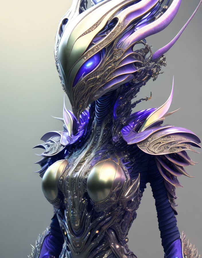 Detailed metallic alien figure with gold and purple design