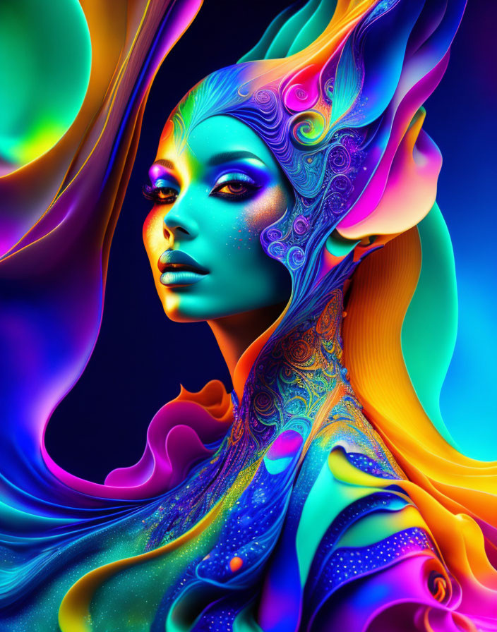 Colorful digital artwork: Woman with flowing hair and intricate patterns on skin