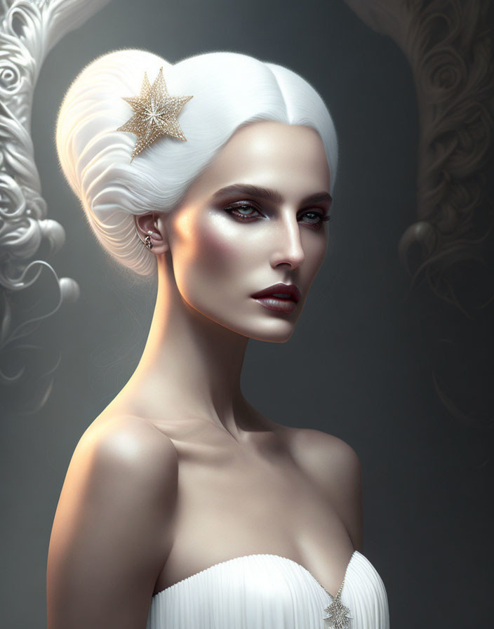 Sophisticated woman with striking makeup and white star-adorned updo in elegant attire