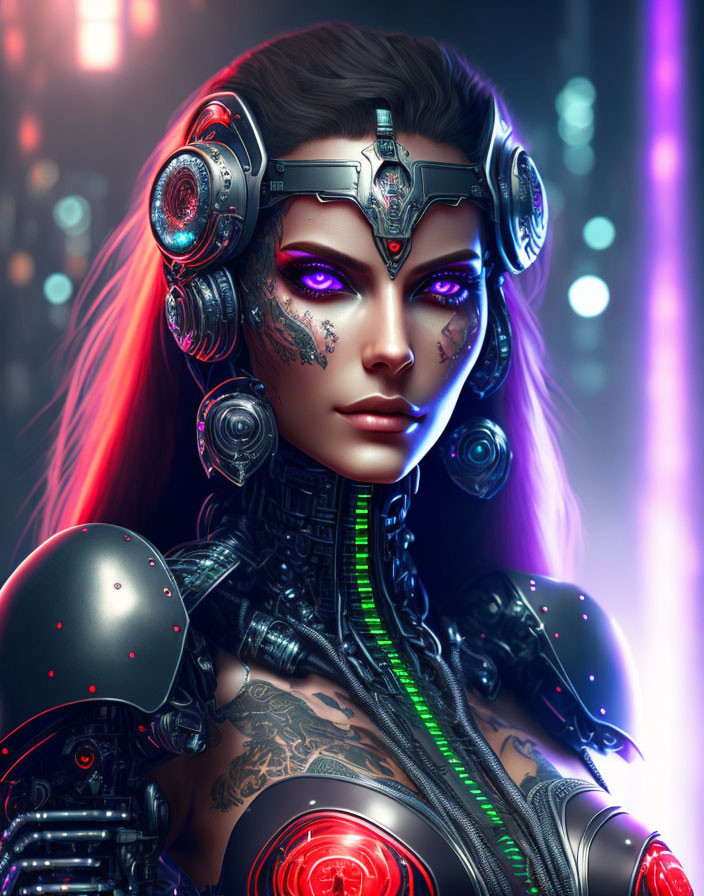 Detailed Female Cyborg Illustration with Purple Glowing Eyes & Armor