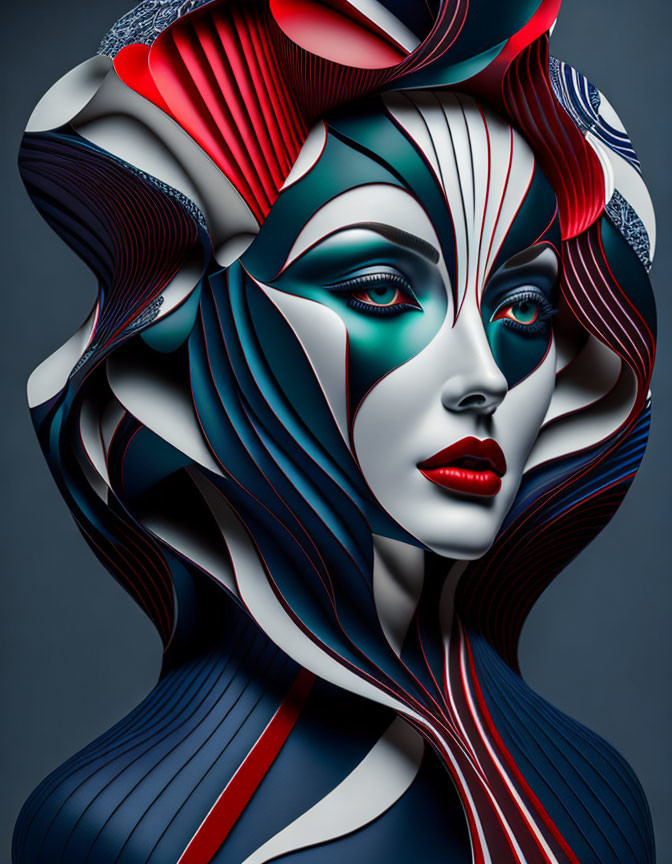 Stylized portrait of female figure with red, white, and blue ribbon-like elements on gray background