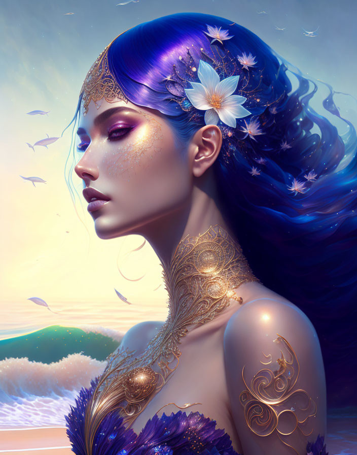 Digital artwork of woman with vibrant blue hair and golden jewelry by seaside sunset