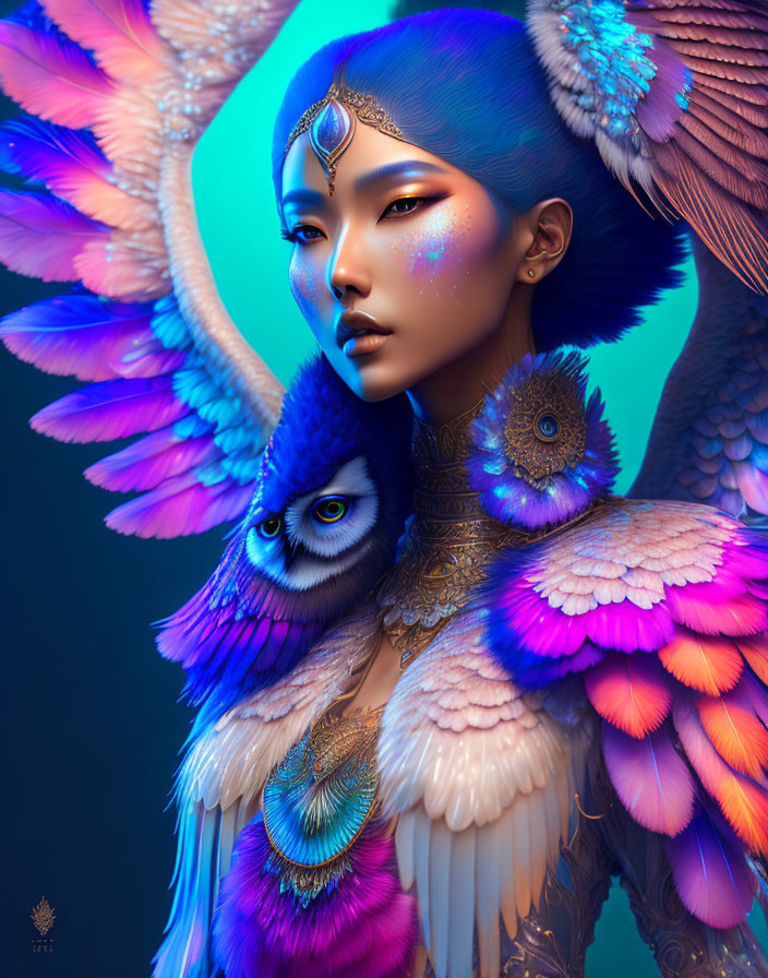 Blue-skinned woman with owl and feathers in digital artwork