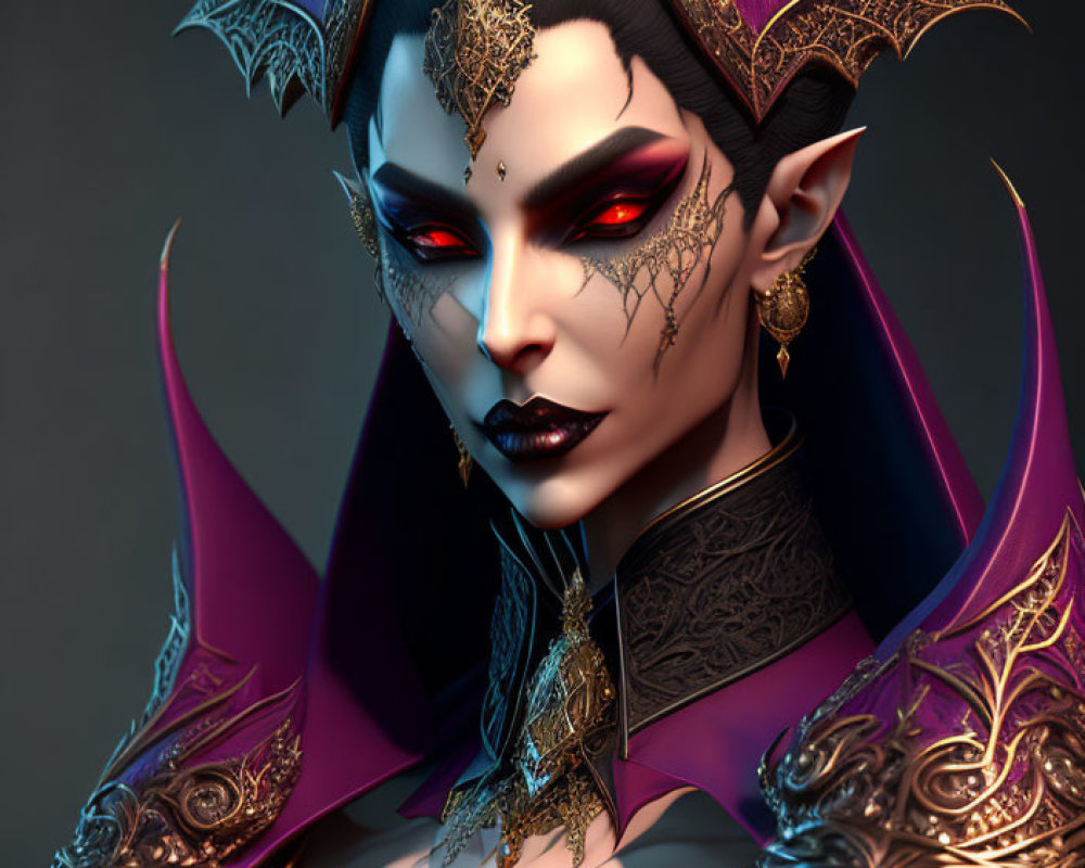 Detailed 3D illustration of female character with bat-like ears and wings, sharp features, regal