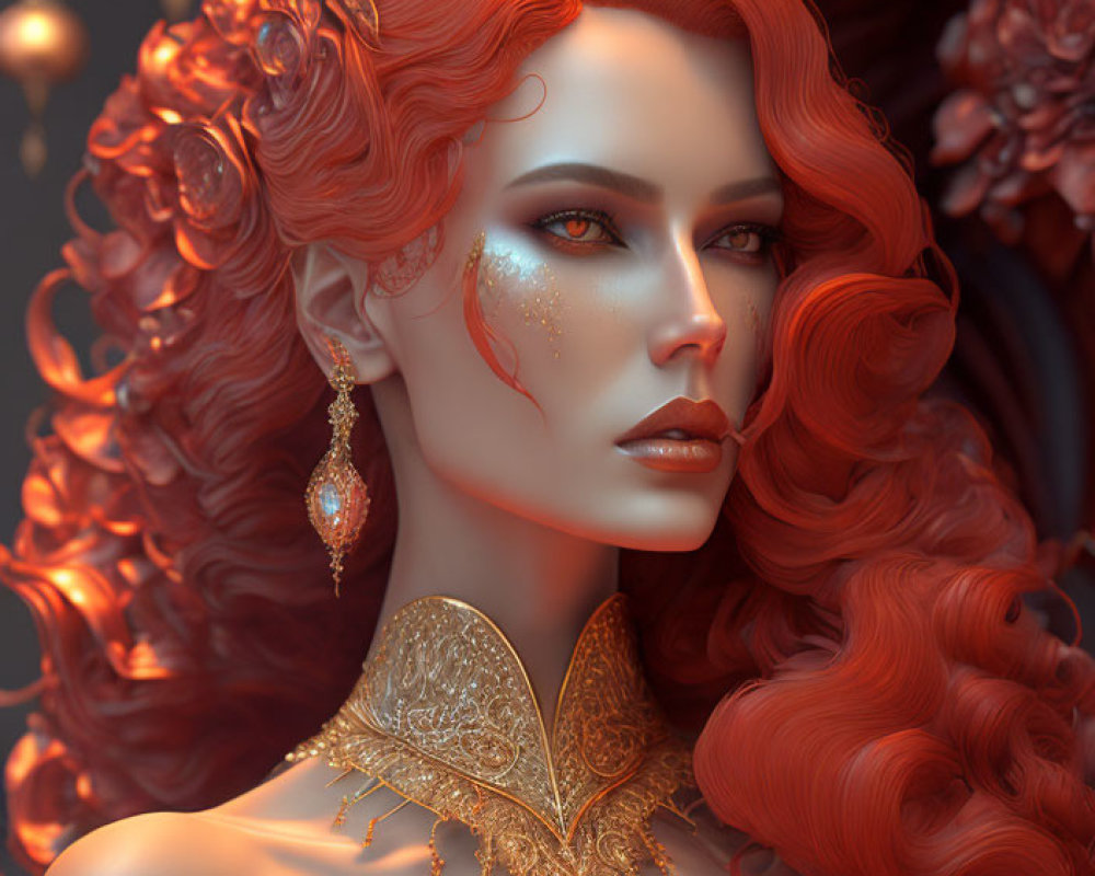 Regal Woman with Voluminous Red Hair and Ornate Gold Gown