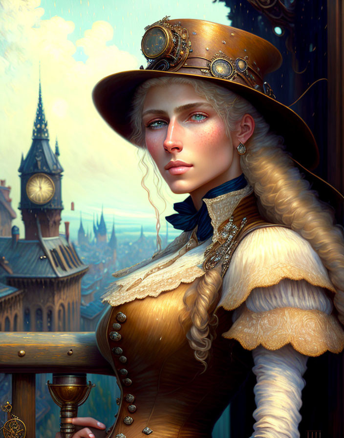 Steampunk woman in top hat and goggles by clock tower