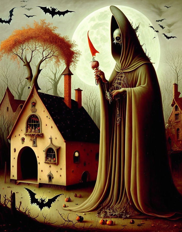 Eerie Halloween-themed illustration with robed figure, scythe, bats, full moon, creepy house