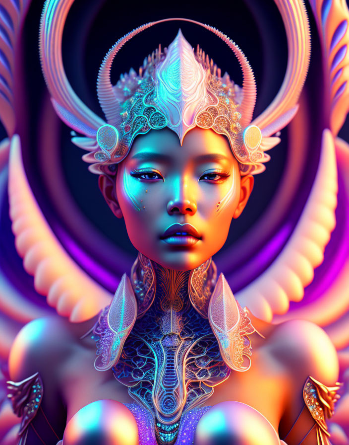 Colorful digital artwork of stylized female figure with fantasy headdress and facial markings against neon backdrop