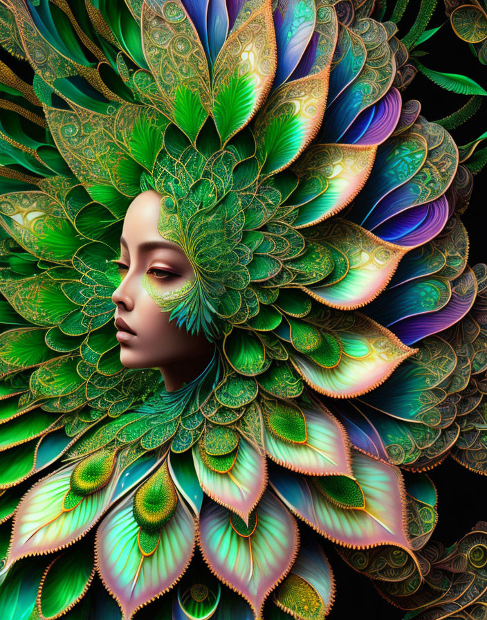 Vibrant digital artwork of woman with peacock feather headdress