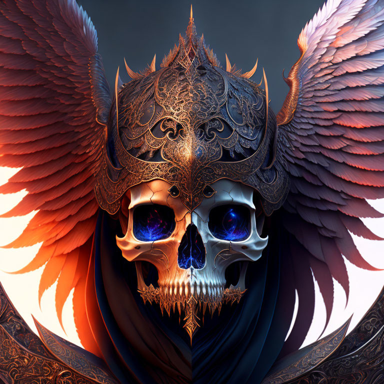 Digital artwork: Skull with golden helmet, fiery red wings, dark background