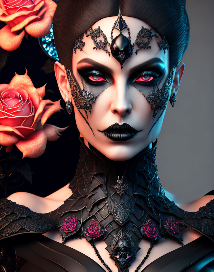 Woman with Gothic Makeup and Dark Jewelry in Intricate Black Patterns