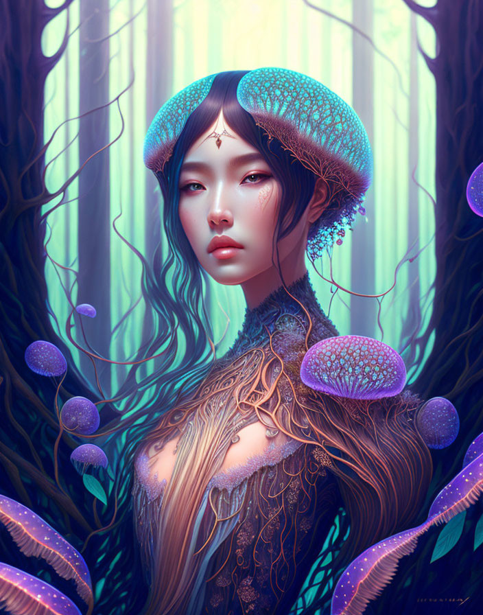 Fantastical portrait of a woman with Asian features in a magical forest setting