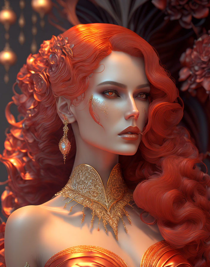 Regal Woman with Voluminous Red Hair and Ornate Gold Gown