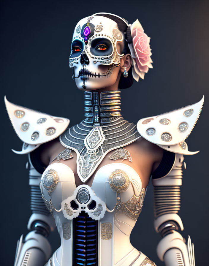 Stylized skull-faced robot with pink rose in 3D illustration