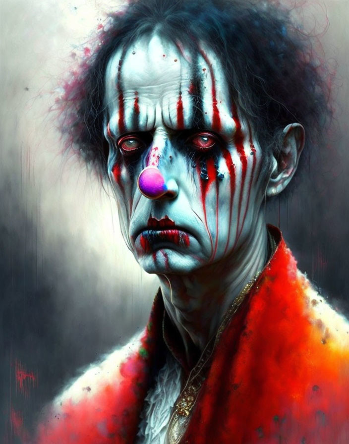 Disturbing clown with smeared makeup and bloody streaks, featuring a despondent expression.