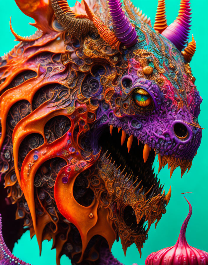 Colorful Dragon Sculpture with Purple and Orange Scales