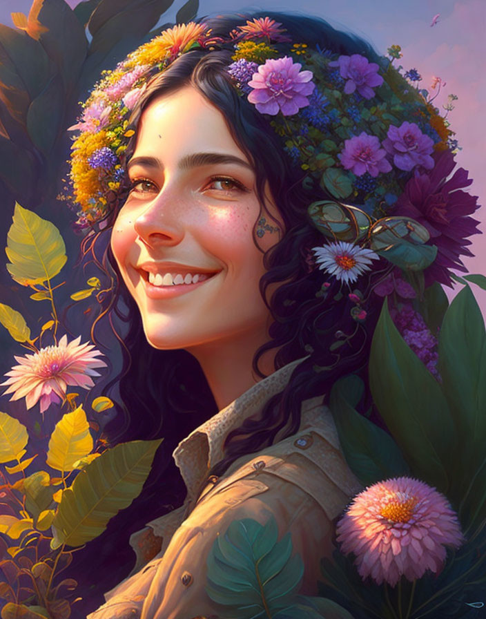 Smiling woman with flower crown in lush foliage and blooms