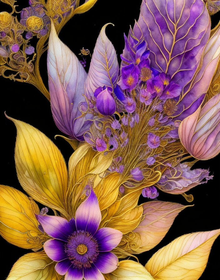 Colorful Floral Illustration with Purple, Gold, and Blue on Dark Background