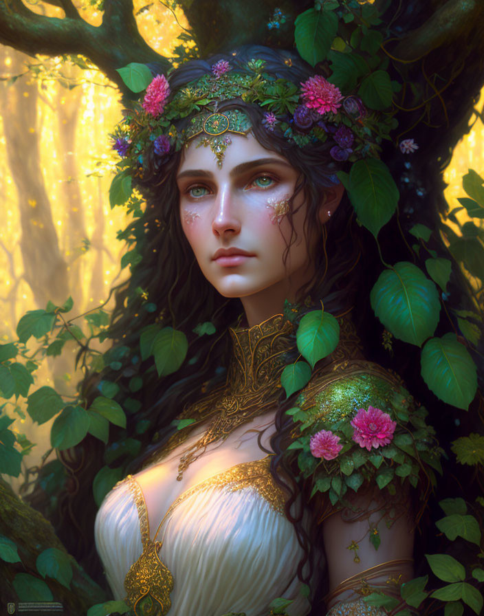 Fantastical female figure in golden armor with floral crown in sunlit forest