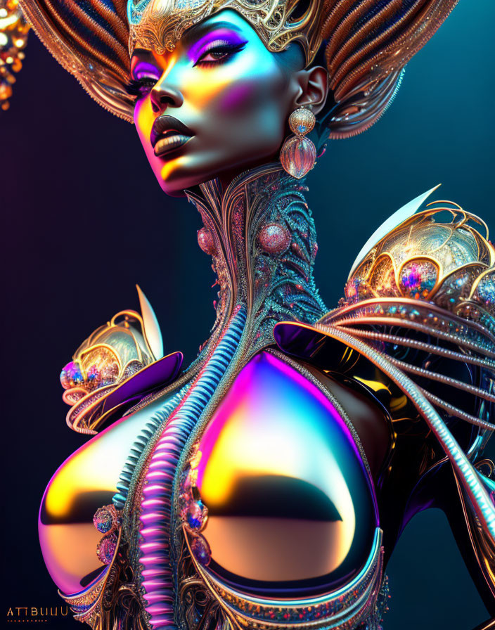 Colorful digital artwork of stylized female figure with elaborate makeup and metallic costume on teal background