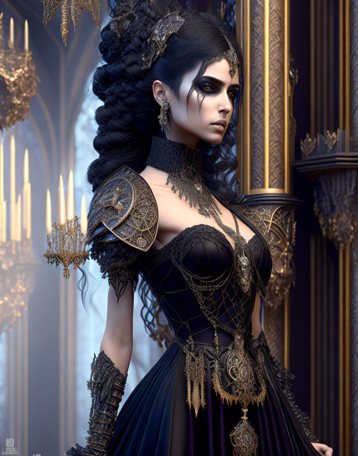 Gothic fantasy woman in black and gold dress with shoulder armor in opulent room