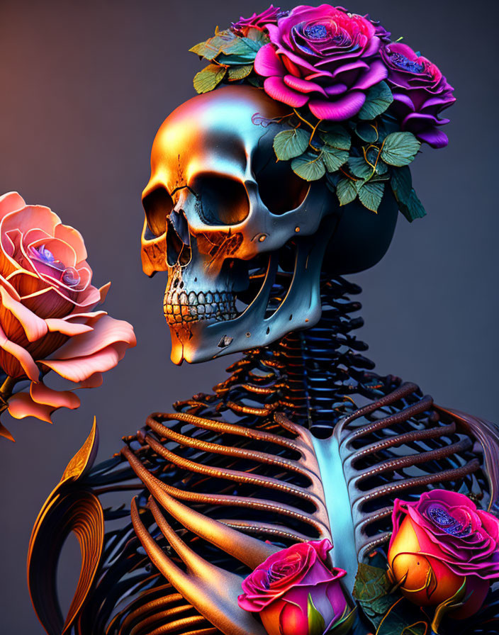 Colorful 3D human skull and ribcage with roses on gradient backdrop