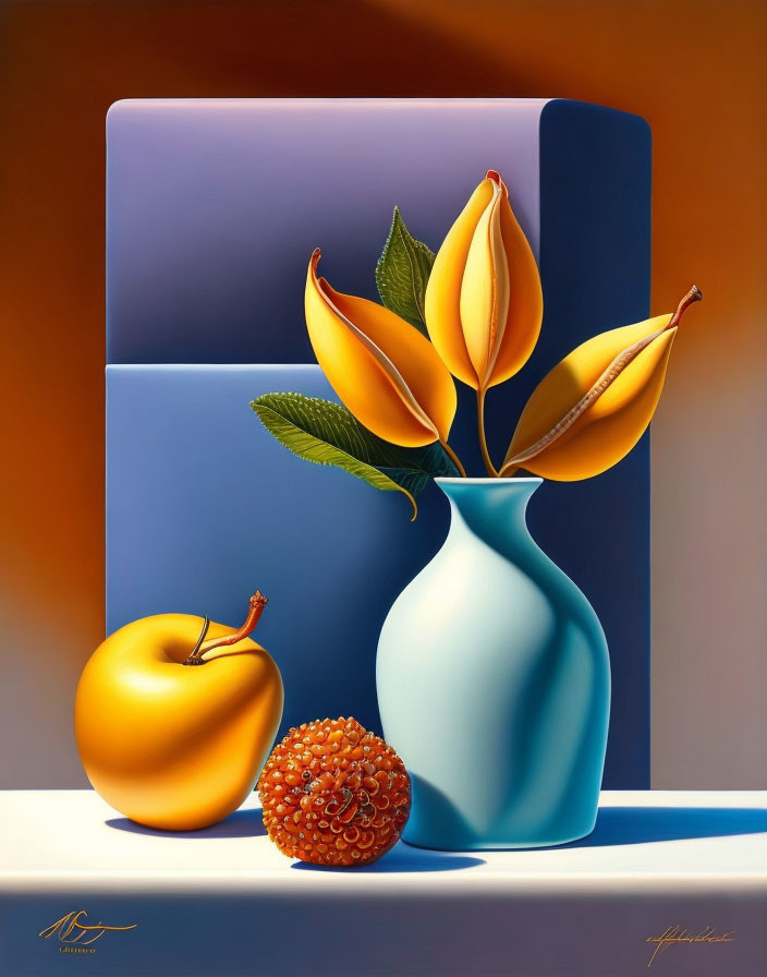 Blue vase, yellow flowers, orange apple, and red fruit in still life painting