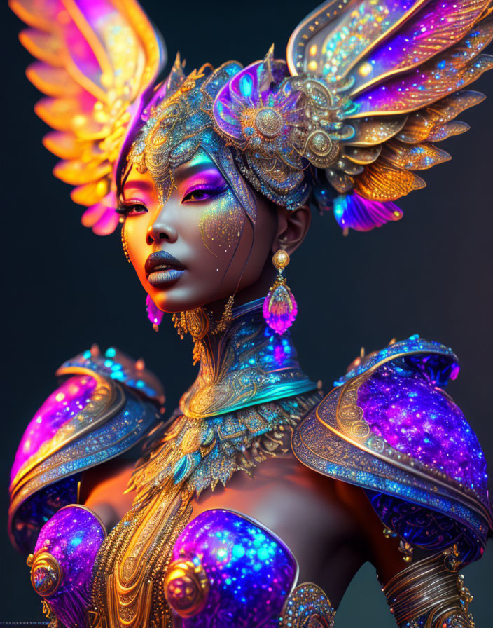 Purple-skinned fantasy figure in gold and blue armor with wing-like accessories