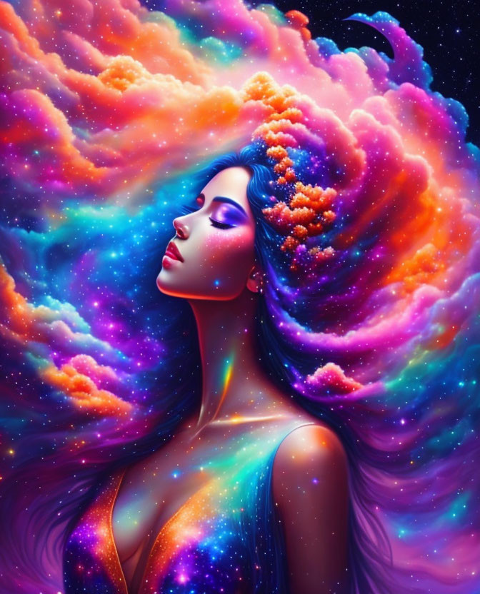 Surreal image: Woman with galaxy-themed hair and skin in cosmic background