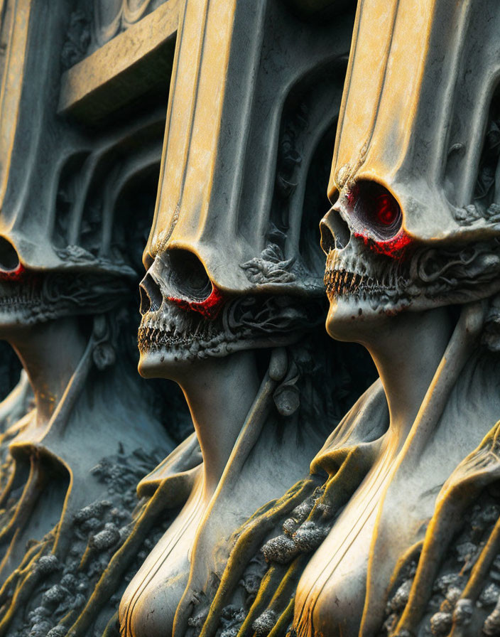 Detailed Close-Up of Sculpted Skulls with Red Eye Sockets on Textured Background