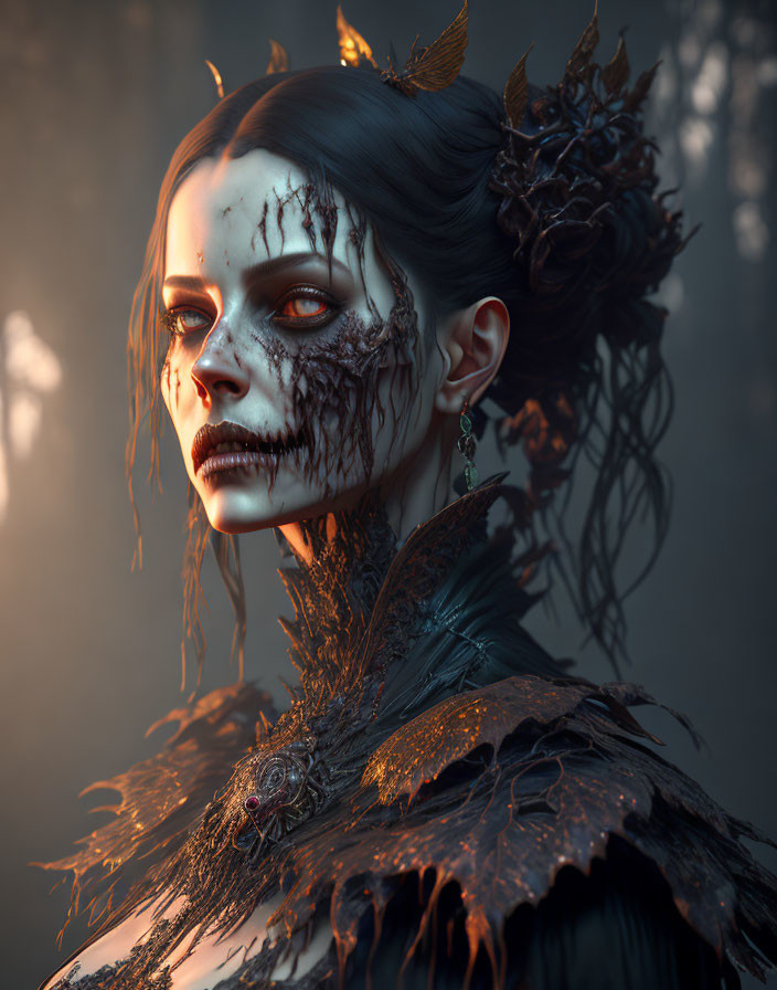 Portrait of woman with eerie skeleton makeup, black headpiece, and feathered collar in misty forest