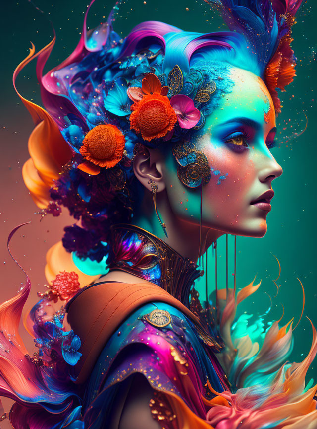 Colorful digital portrait of a woman with blue skin and floral hair design