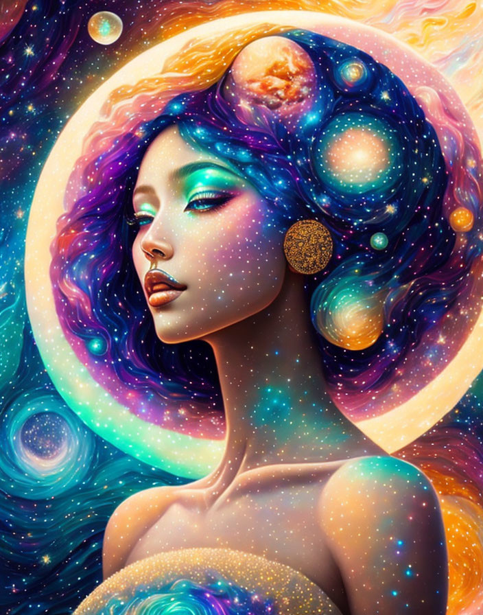 Artistic portrayal of a cosmic woman with stars and planets in her hair and skin.